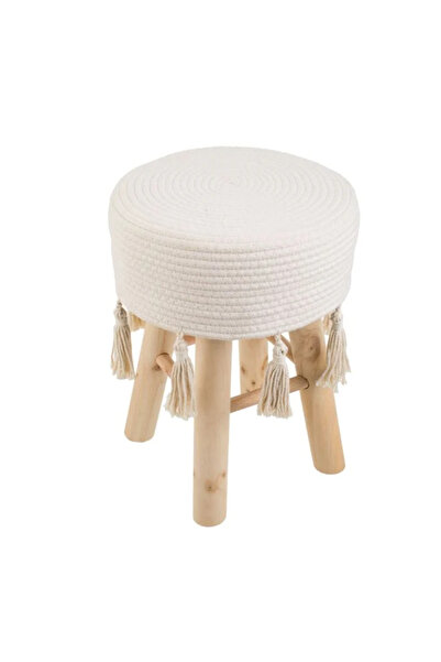 Lumi LUXURY Wooden Stool with White Macrame and Tassels 30x42cm