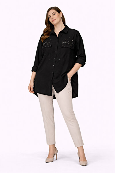 İkoll Kadın Oversize Keten Taş baskılı Düşük Kol Tunik Gömlek Manşet Detaylı ...