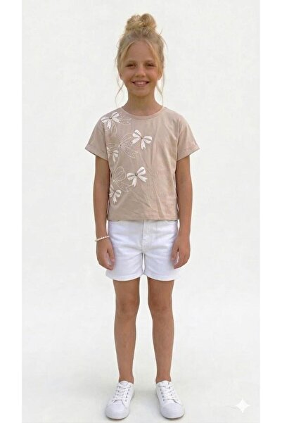 RAPAPA Girl's Beige Ribbon Appliqué Short Sleeve T-Shirt-4330