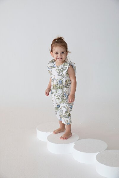 Patique Kids Cream Rabbit Patterned Cotton Girl's Jumpsuit with Snap Pocket