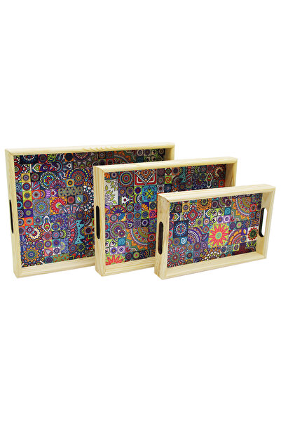 Fırsatkolik 3 Size Wooden Tray Patterned Floor 16X26 - 21X31 - 24X34Cm (5067)
