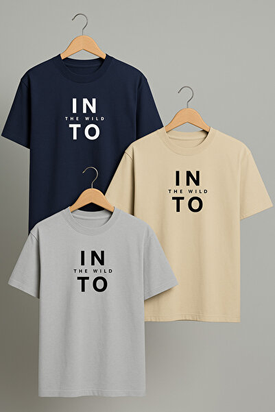 COMBİNE MİCHAİL Ανδρικό μπλουζάκι Into The WILD με στάμπα, φαρδύ, 3 τεμαχίων