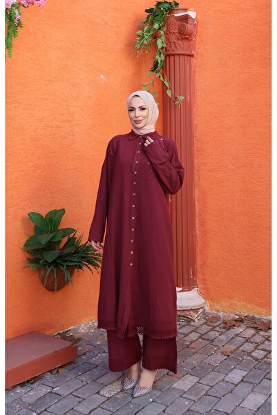 NİSUM MODA Σετ από βαμβακερό λινό με λεπτομέρεια κεντήματος γκιπούρ