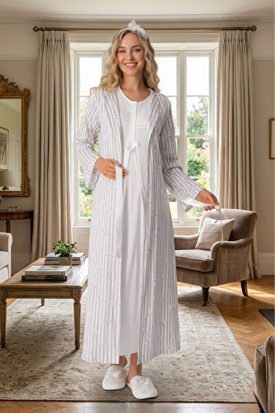 Lohussa New Season Ecru Summer Shawl Collar Full Length Patterned Breastfeedi...