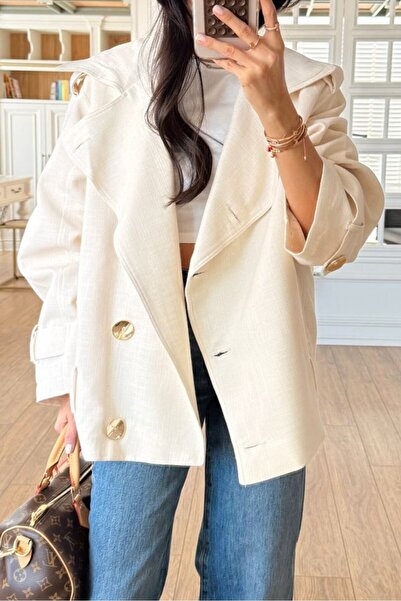 Suziş Oversize Loose Fit Double Breasted Linen Textured 100% Cotton Jacket Tr...