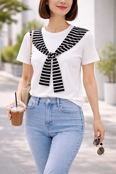 Benedetto Νέα σεζόν Γυναικείο μπλουζάκι από βαμβακερό ύφασμα με ρίγες, λεπτομ...