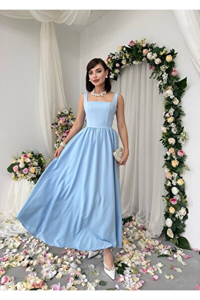 maf collection Women's Blue Square Neck Thick Strap Long Evening Dress with B...