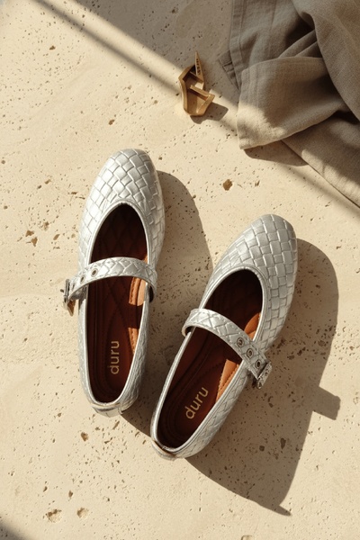 DURUNUN BUTİĞİ Yuppi Braided Silver (2 cm) Oval Toe Daily Use Ballerinas