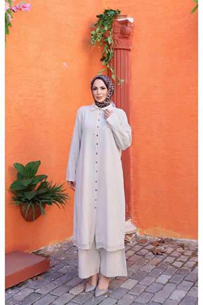 NİSUM MODA Lace Embroidery Detailed Cotton Linen Set