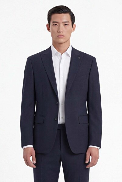 Sabri Özel Men's Navy Blue Striped Pointed Collar Slim Fit 6 Drop Wool Blend ...