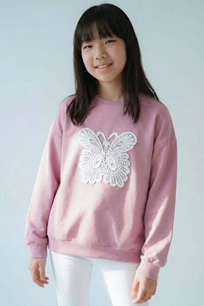 Breeze سويت شيرت بناتي مطرز بتطريز على شكل فراشة، للأعمار من 8 إلى 12 سنة، لو...