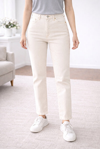 DELDNM Scarlet Crem pentru femei, cu talie înaltă, bej, Lycra Trend Mom Jean