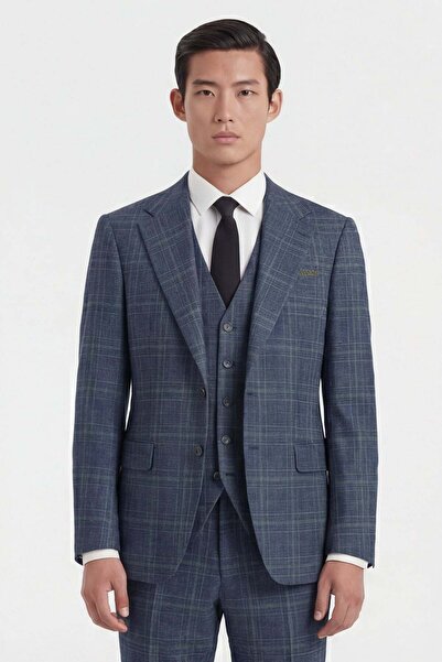 Sabri Özel Men's Navy Blue Plaid Mono Collar Comfort Fit 6 Drop Fully Lined V...