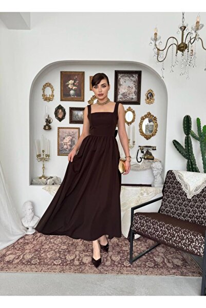 maf collection Women's Brown Square Neck Thick Strap Long Evening Dress with ...