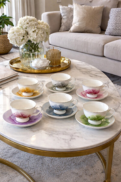 Kadim Vizyon İnce Porselen Çiçekli Bone China Fincan Takımı 6 Kişilik 90 ml