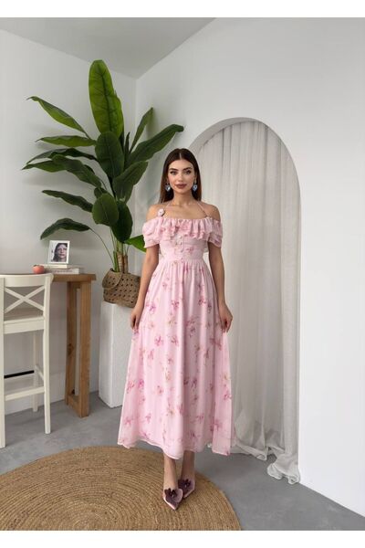 maf collection Women's Pink Floral Patterned Strapless Strap Chiffon Button D...