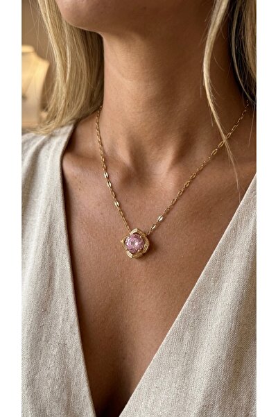 İNN JEWELLERY قلادة من الفولاذ 316L مقاومة للصدأ ومضادة للحساسية مع شكل حجر وردي