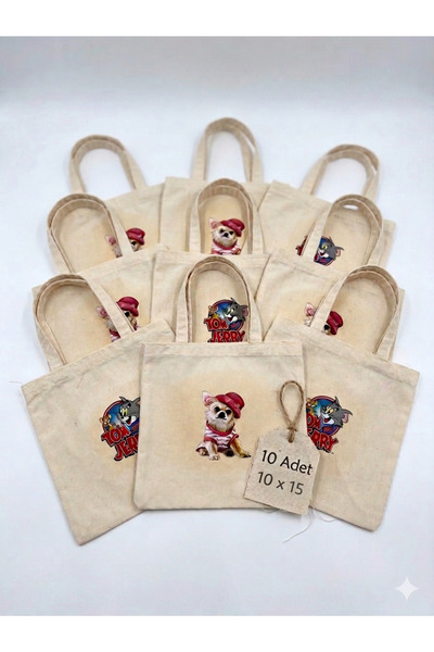 Şadoğlu Tekstil 10'lu Hediyelik Set Sevimli Figür Baskılı Ham Bez Çanta - Küçük Boy El Çantası 10x15 cm