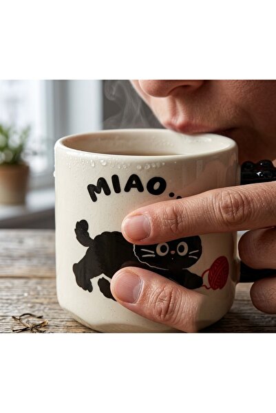 Kuzey Tacı Elma Cat Black Cat Themed Porcelain Mug – 3D Paw Detail Hand-Paint...