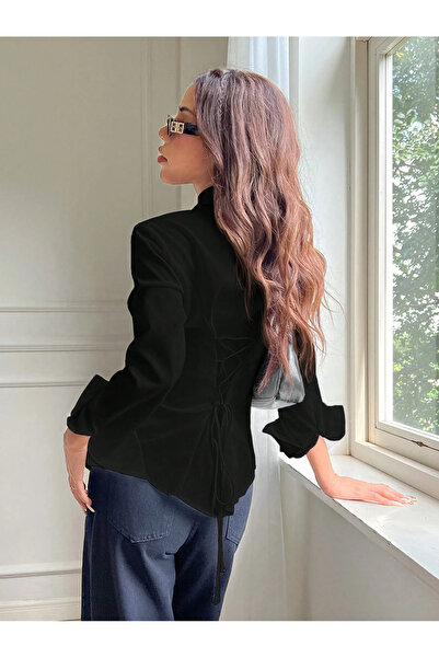 Tarz Cool Cămașă de damă cu șireturi la spate, croială slim, combinație casua...