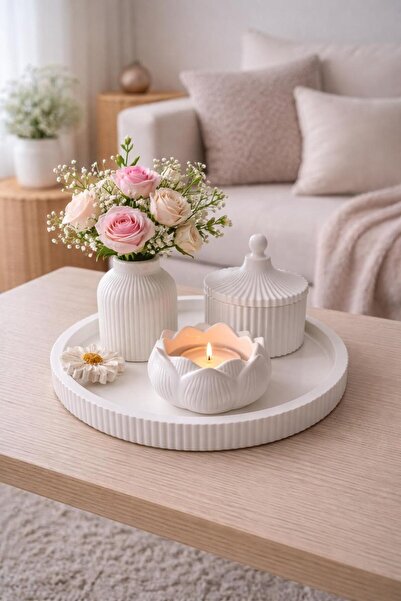 YASMELLA HOME Dekoratif Vazo + Kutu + Lotus Mumluk + Papatya + Tepsi (Mum Hed...