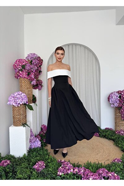 maf collection Women's Black and White Crepe Fabric Madonna Collar Long Eveni...