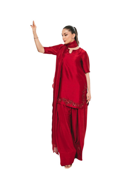MYSMAR Red Crepe Silk Top Salwar & Dupatta - HRT3661 - Red