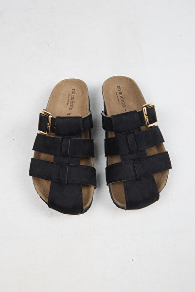 no miento Γυναικεία Vegan Δερμάτινα Μαύρα Σανδάλια Asly με Αγκράφα