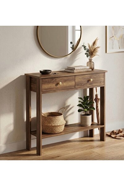 MANDOSİ 90 Cm Çift Çekmeceli Dresuar Antre Hol Ceviz