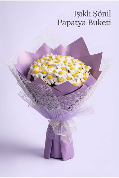 Bee Flower Shop Şönil Işıklı Papatya Buketi - Mor Ambalaj