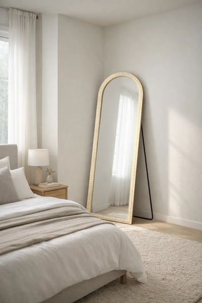 MARIA HOMES مرآة مقوسة كاملة الطول بإطار أبيض وذهبي 160×60 سم لديكور غرفة النوم