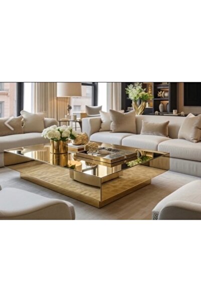 LUXURY VİLLA LUXURY KOMPLE GOLD AYNALI DEKORATIF ORTA SEHPA 70 × 110 YÜKSEKLI...