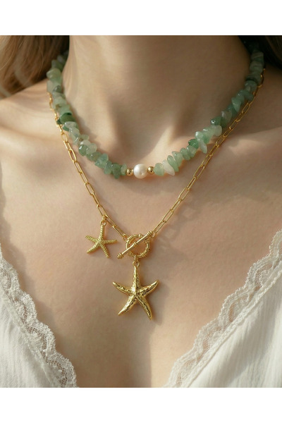 Gleemy accesories Aventurin Doğal Taşlı ve Altın Kaplama Deniz Yıldızı Figürl...