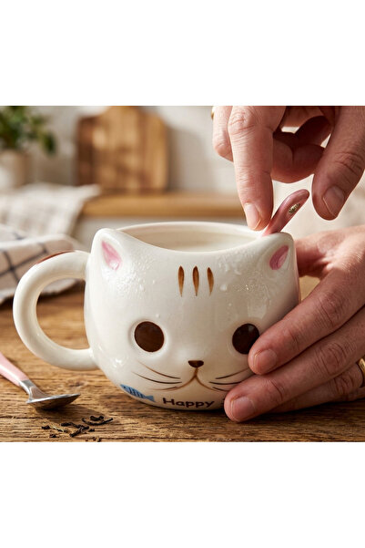 Kuzey Tacı Minimalist Cat Figured Porcelain Mug with 3D Ear Detail, Hand-Pain...