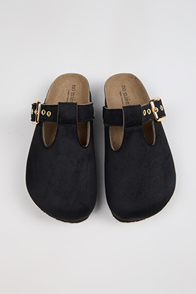 no miento شبشب ميريدا نسائي من الجلد النباتي باللون الأسود مع مشبك