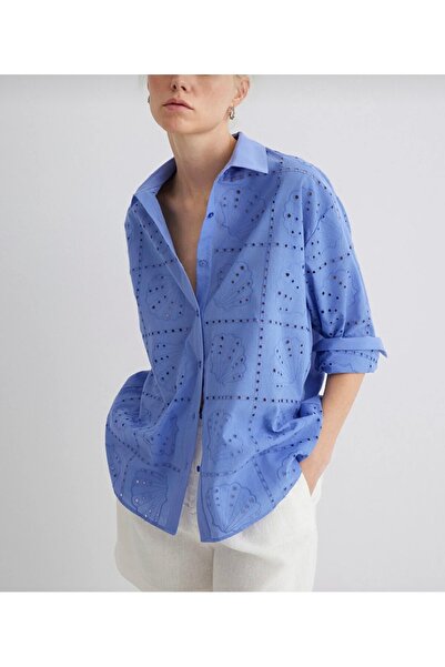 Mavi Deniz Kabuğu Dokulu Gömlek Loose Fit / Bol Rahat Kesim