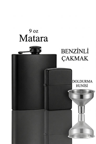 Gezginimport 9 oz Çelik Matara & Benzinli Çakmak & huni Hediye Seti matara se...