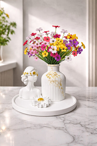 YASMELLA HOME Dekoratif Gold Detaylı Kadın Figürü + Vazo + Papatya + Tepsi (Ç...