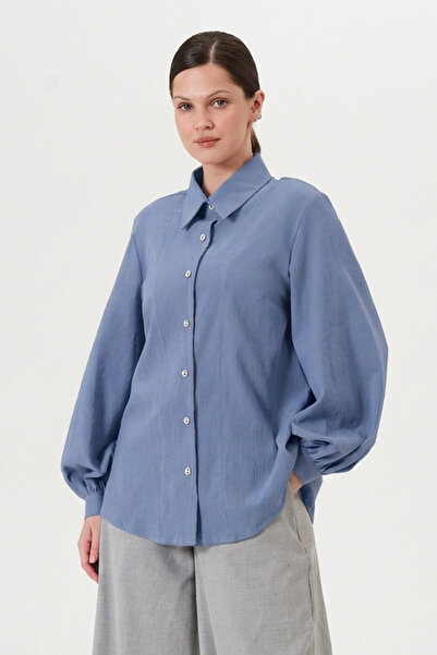 RELAXL Office Chic 100% Cotton Balloon Sleeve Women's Shirt Indigo Blue