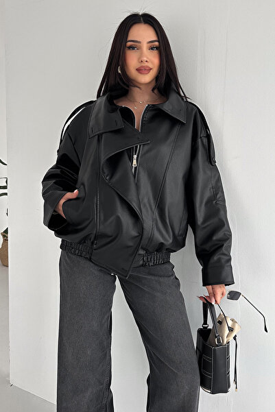 Noa&Noa Women's Black Leather Jacket – Modern Design with Zipper