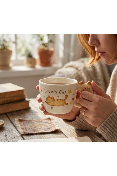 Kuzey Tacı Lovely Cat Character Embossed Ceramic Mug Special Design Hand-Pain...