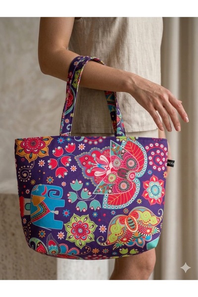 MADAMİNCİ Desenli Omuz Çantası - Fermuarlı Çanta 50x35 cm Alışveriş Çantası P...