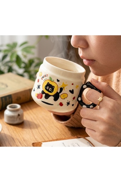 Kuzey Tacı Sweet Black Cat Themed Porcelain Mug with Lid, Decorative Coffee C...