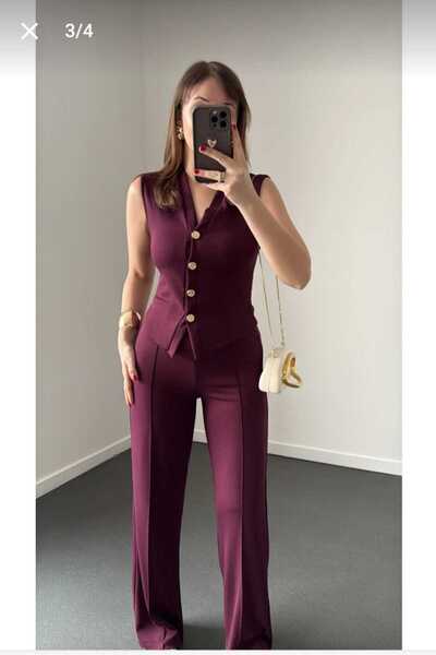 vipelmoda Women's Gold Buttoned Vest and Trousers Set