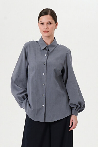 RELAXL Cămașă de damă, mărime mare, 100% bumbac, cu mâneci bufante, gri închis