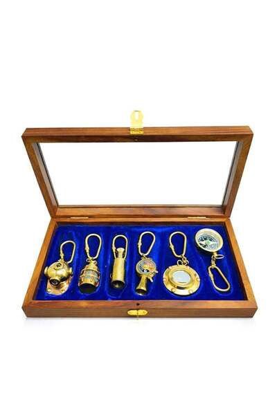 Generic Brand Sailor Themed Brass Keychain Set with Wooden Box