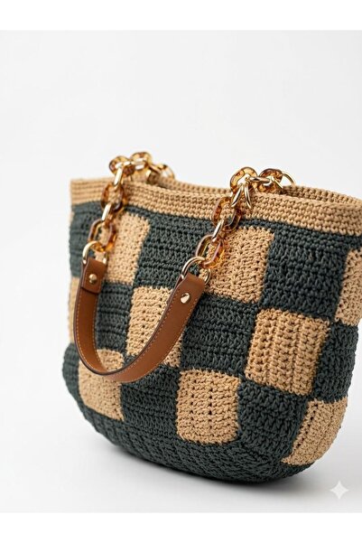 STAR GOGO KİDS 100% Handmade Checkered Knitted Shoulder Bag (with Inner Lining.) 43X32 cm