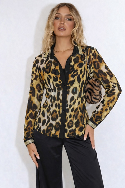 Askı Nişantaşı Women's Leopard Patterned Chiffon Shirt with Detailing