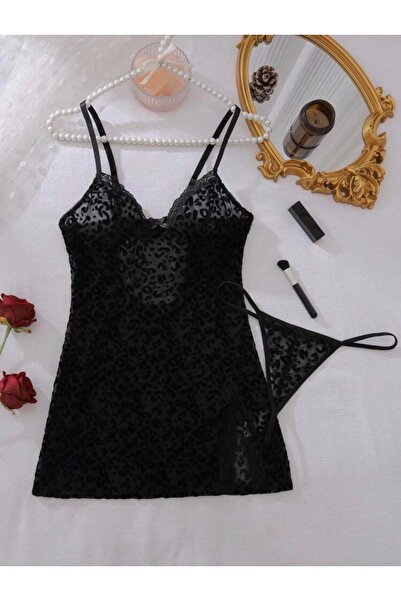 Oprah Kadın Floklu Leopar Desen Gecelik Tanga Takım