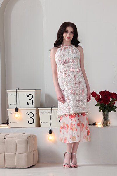 Verona Women's Two Layered Lace Embellished Midi Dress with Pink Floral Inner...